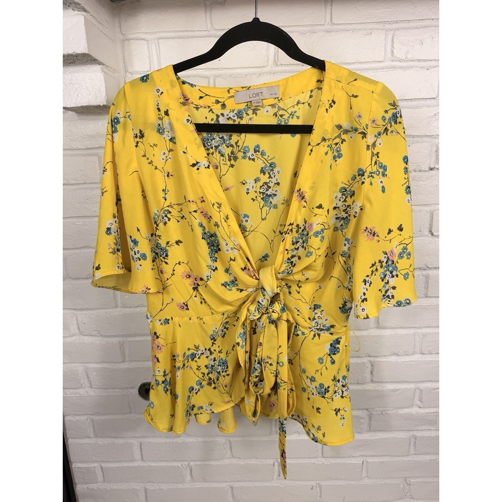 LOFT Petite Yellow Floral Tie Front Peplum Blouse Top LP Polyester